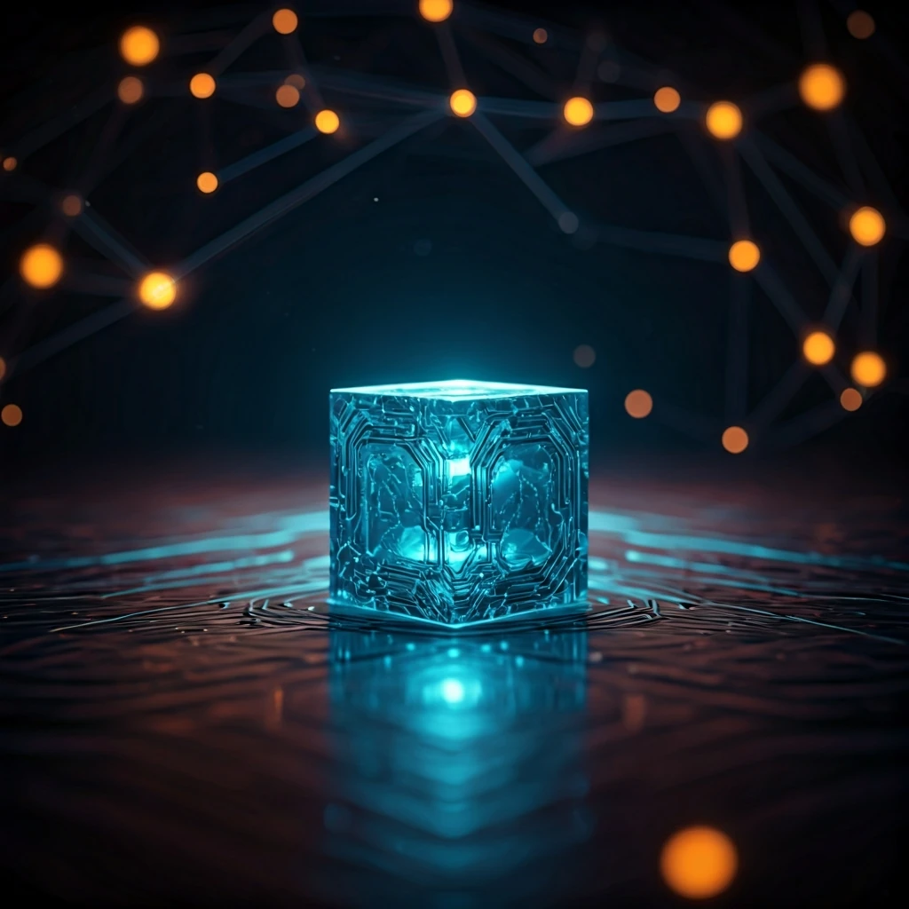 Abstract representation of Ethereum staking, a glowing cube on a reflective surface surrounded by data streams, symbolizing a security deposit for network validation.