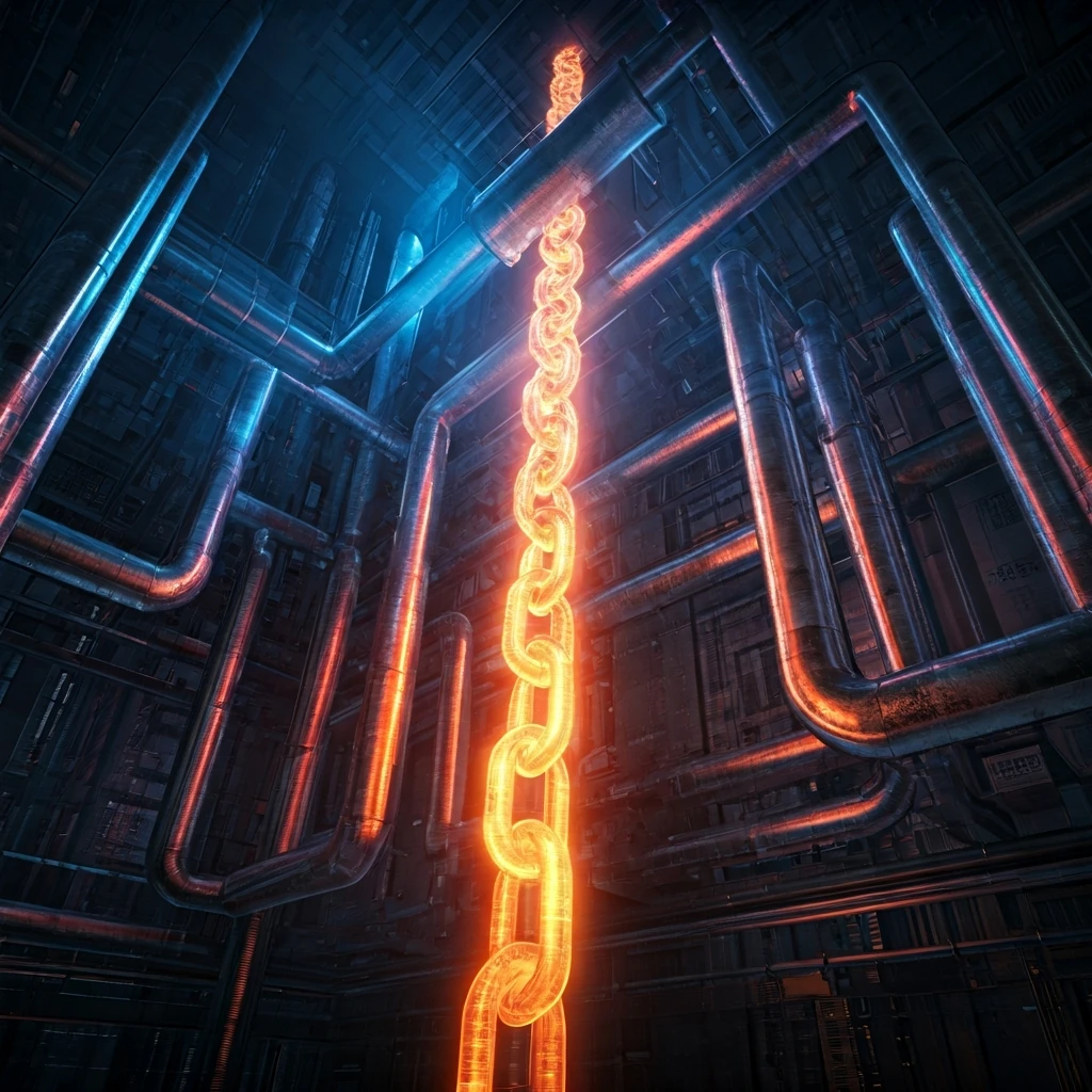 An abstract, glowing network of interconnected pipes representing Ethereum's gas mechanism, with a central 'burning' pipe and smaller, darting 'priority fee' lines.