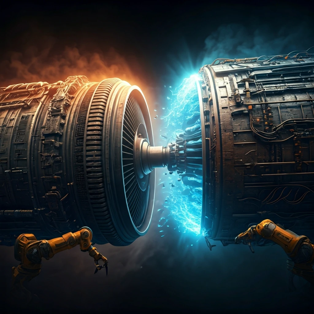 A massive spaceship engine, half glowing with blue energy, half exposed in mechanical grime, illustrating Ethereum's transition from Proof-of-Work to Proof-of-Stake.