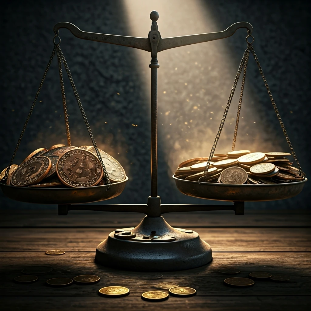 An old, unbalanced iron scale with one side heavily weighted by numerous digital tokens, some inert, and the other side holding a few worn coins, symbolizing the misleading nature of crypto market cap versus actual liquidity.