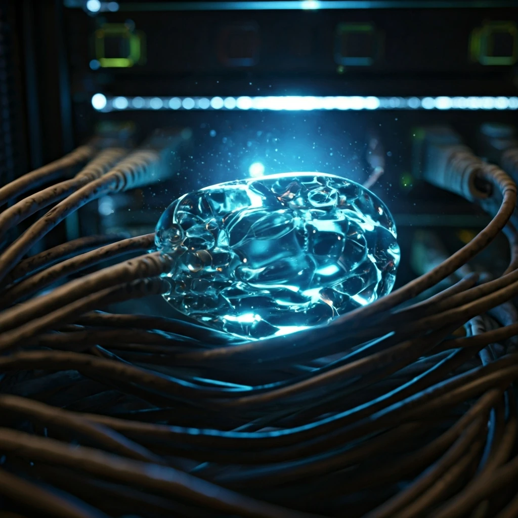 A glowing, translucent data blob, representing EIP-4844, nestled within a dense network of illuminated fiber optic cables, symbolizing reduced transaction costs on Layer 2 scaling solutions.