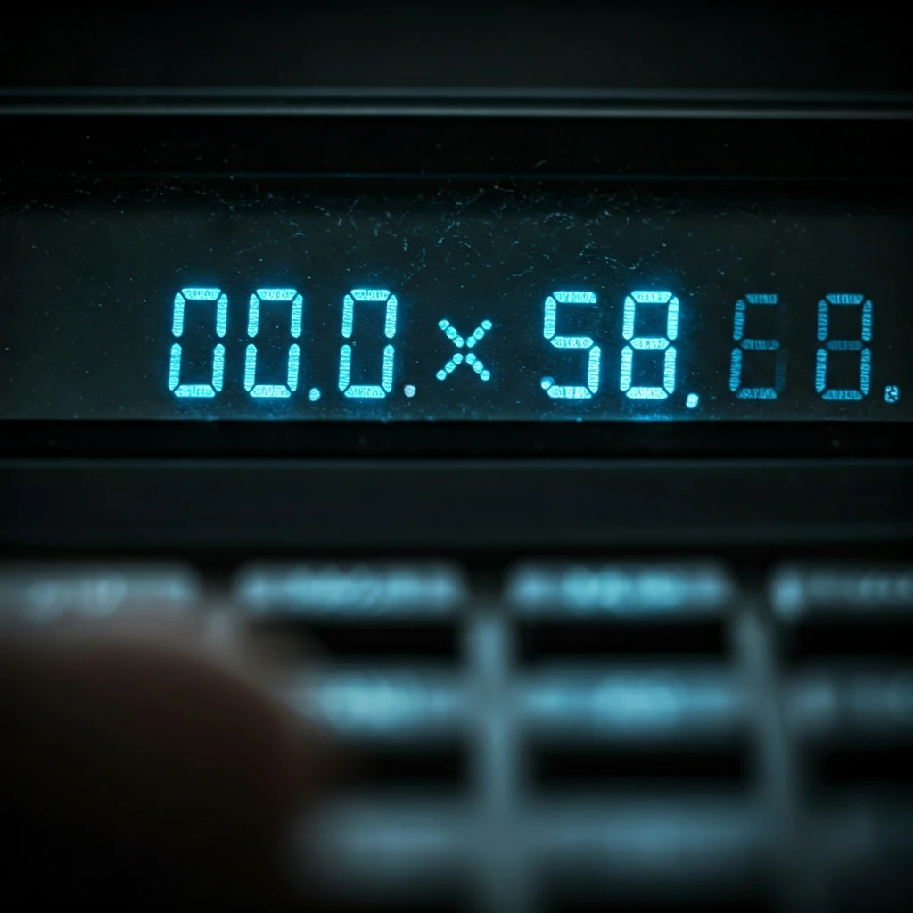 Extreme close-up of a vintage calculator screen displaying a cryptocurrency market capitalization calculation.
