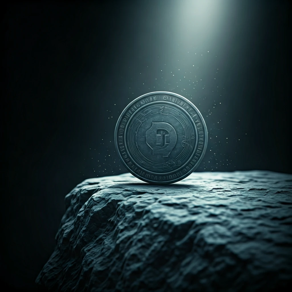 A single, unrefined metallic coin with a faint digital symbol rests precariously on a jagged rock edge, symbolizing the volatile frontier of small cap cryptocurrencies.