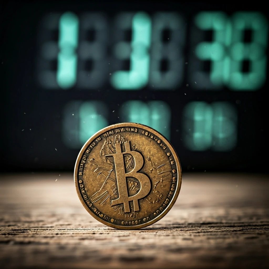 Extreme macro of a single, old brass coin on wood, with a blurred digital number in the background representing circulating supply.