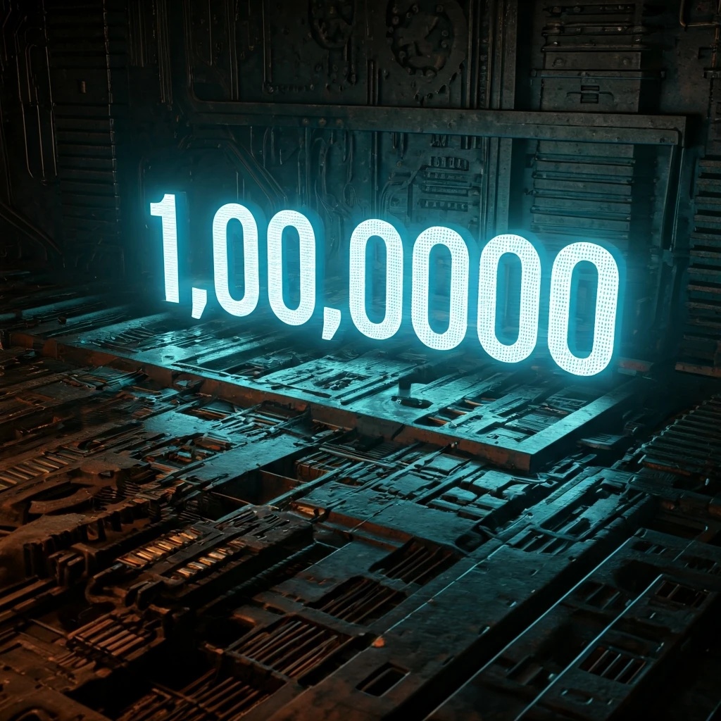 A glowing digital number '1,000,000,000' floats above a complex, dimly lit network of gears and wires, illustrating the deceptive simplicity of market cap.