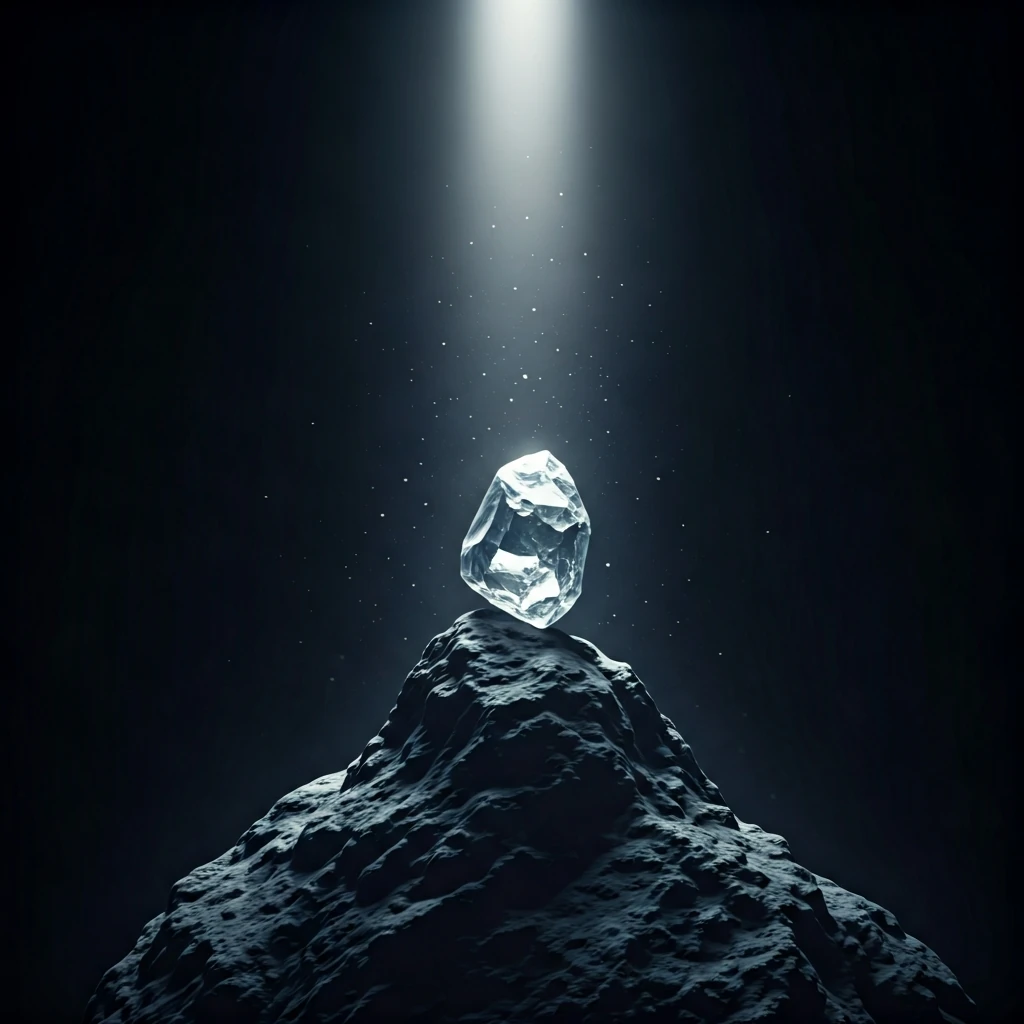 A raw, unpolished gemstone dramatically lit from behind in a dark cavern, symbolizing hidden, explosive growth potential in low-cap crypto.