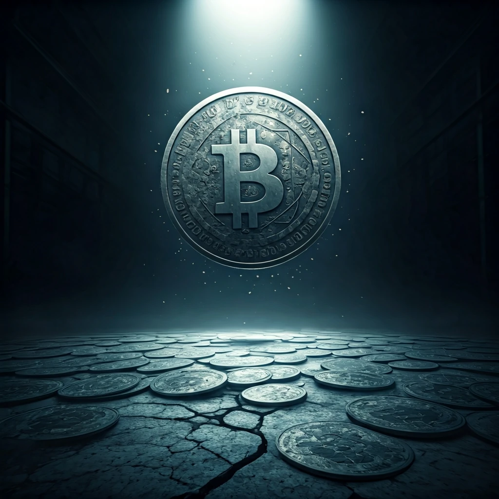 A massive, tarnished metal coin suspended above a chaotic scattering of smaller coins on cracked concrete, with a faint, larger ethereal coin outline above, symbolizing crypto market cap calculation with circulating and total supply.