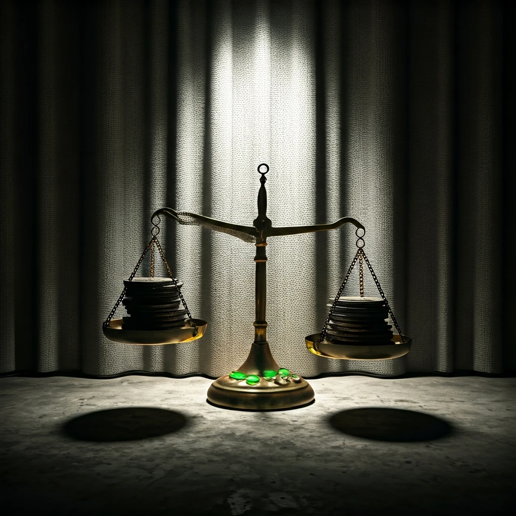 A tarnished brass scale, one side weighed down by glowing, oversized metal coins, creating an illusion of balance against an empty, raised pan. Harsh backlighting creates distorted shadows.