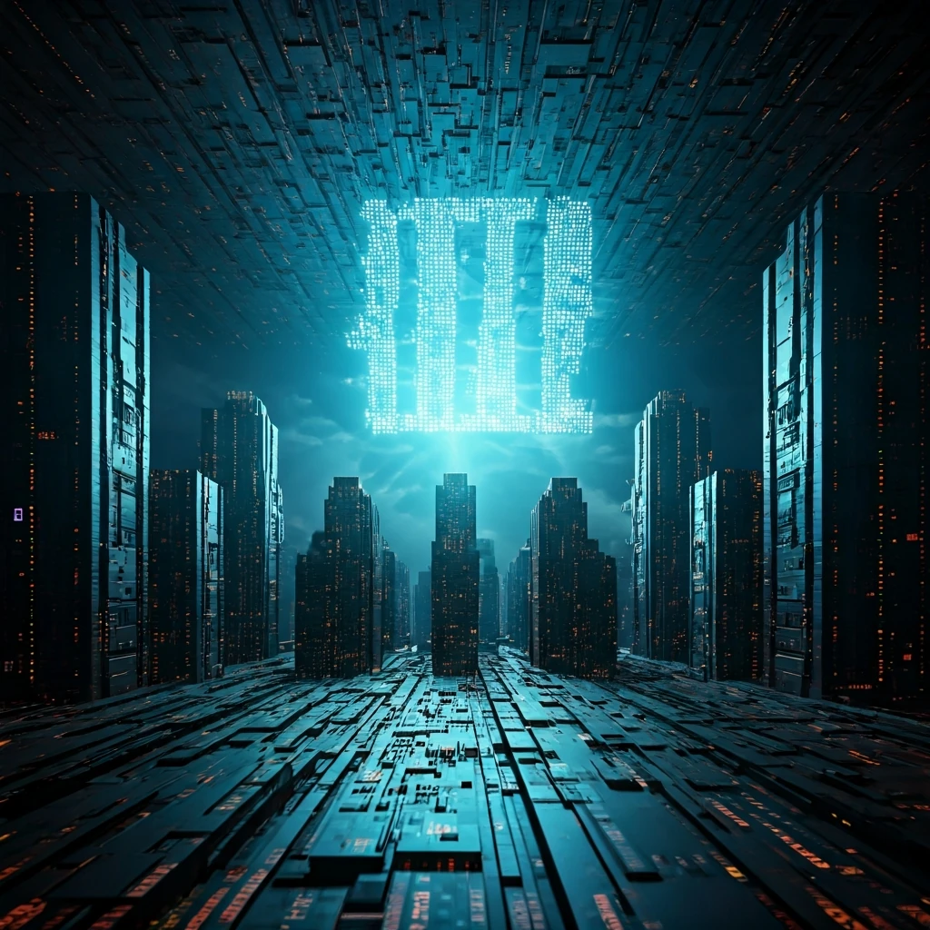 A low-angle, wide shot of a vast, glowing digital cityscape, with each skyscraper representing a cryptocurrency, their combined value forming a massive floating number, illustrating total crypto market cap.