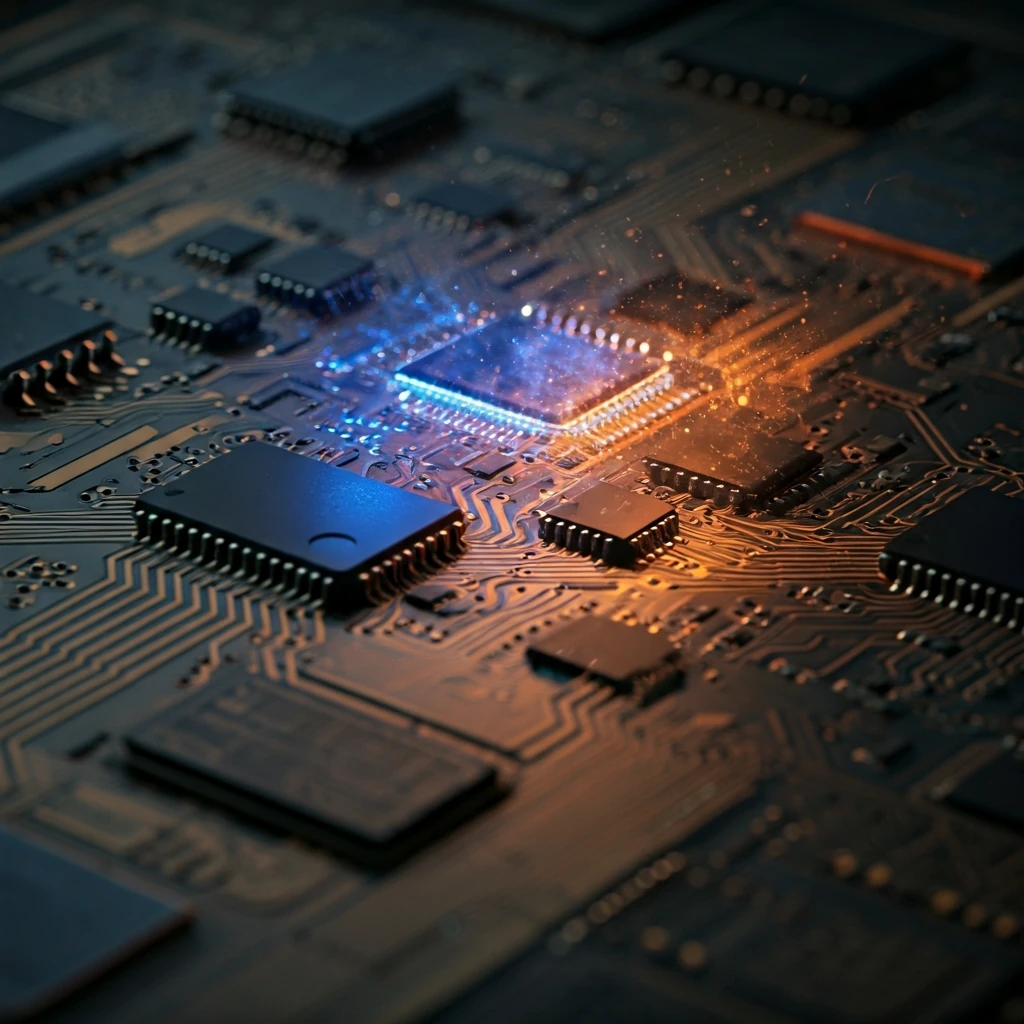 Ultra-macro view of a digital circuit board with stable blue lights and flickering orange/green sparks, illustrating cryptocurrency market cap dynamics.