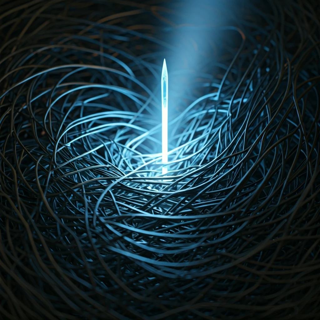 An extreme close-up of a glowing digital needle submerged within a chaotic haystack of metallic fibers and circuit board fragments, illuminated by a harsh side light.