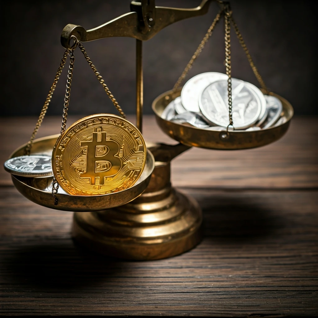 An antique brass balance scale heavily tilted by a single large Bitcoin-like coin on one side, outweighing a pile of smaller, varied altcoin-like fragments on the other, symbolizing Bitcoin's market dominance.