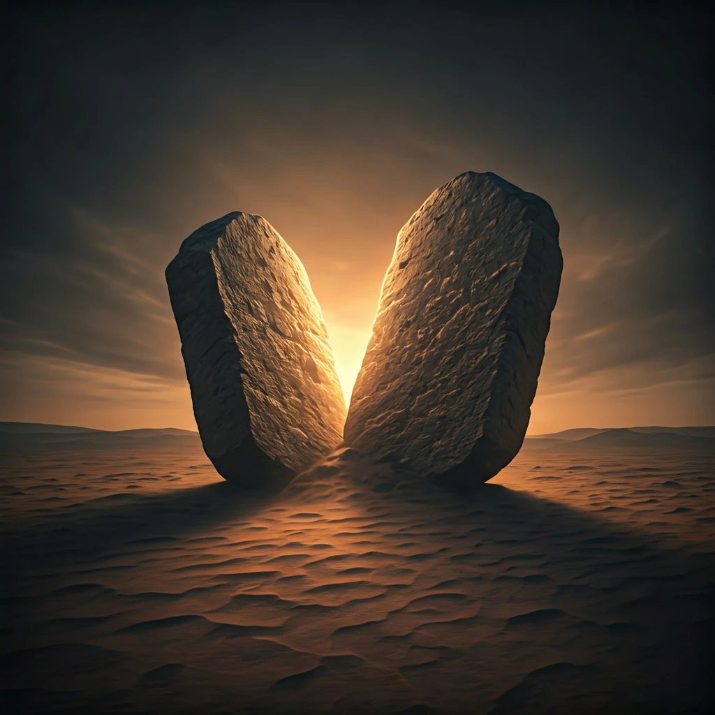 Two colossal stone tablets, representing risk and reward, teetering on the edge of collision in a dramatic desert landscape at dusk.