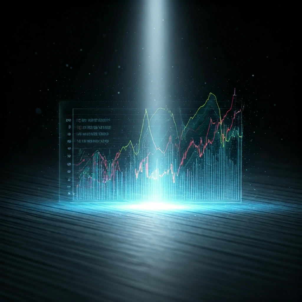 A holographic financial report card for digital assets, showing dynamic data on a metallic surface, symbolizing cryptocurrency evaluation.
