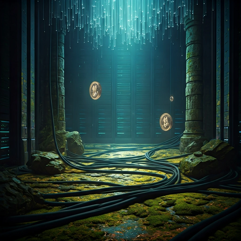 A wide, ethereal digital landscape where ancient stone structures merge with glowing fiber optics, symbolizing the untamed frontier of altcoin ecosystems and decentralized finance.