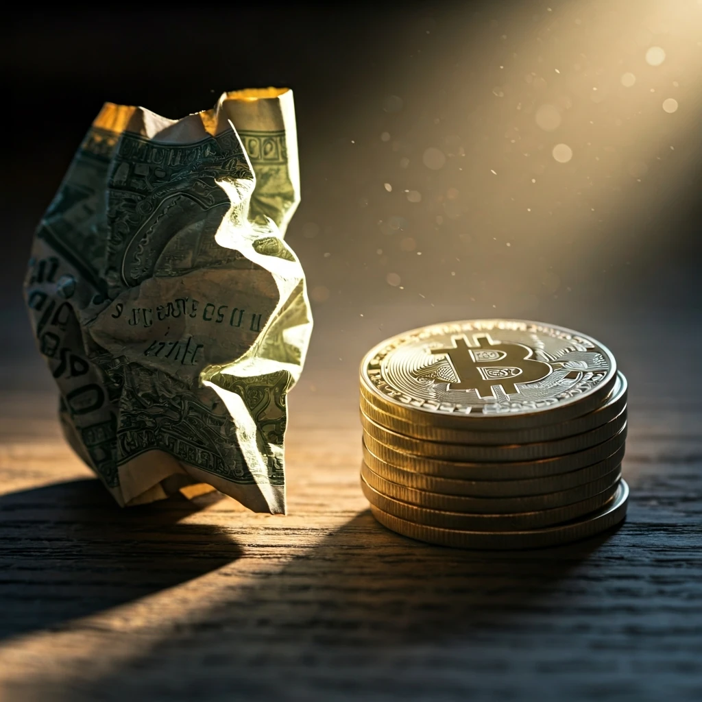 An extreme close-up of a crumpled fiat currency note, with a metallic Bitcoin coin subtly lit in the background, symbolizing inflation and digital asset hedging.