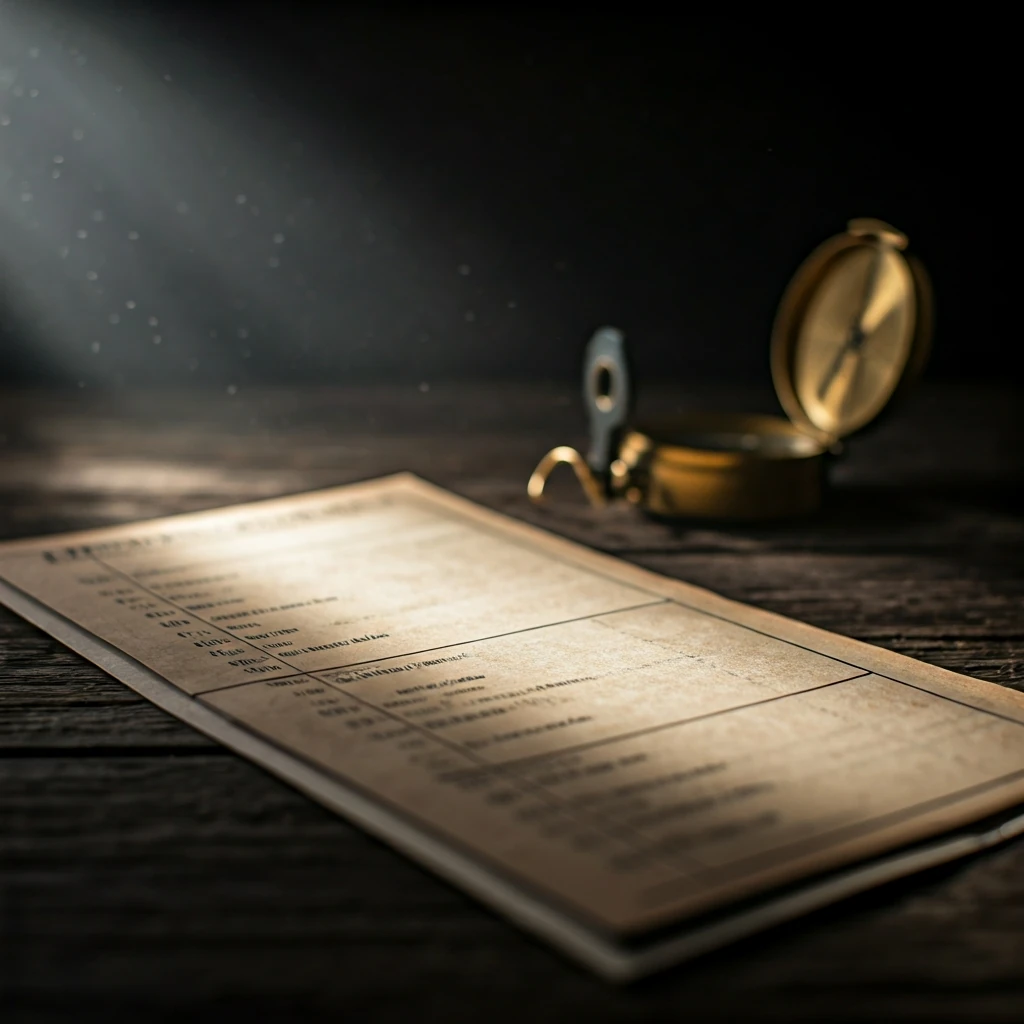 A detailed, vintage flight checklist illuminated by a harsh, directional light, symbolizing preparation for cryptocurrency investment.