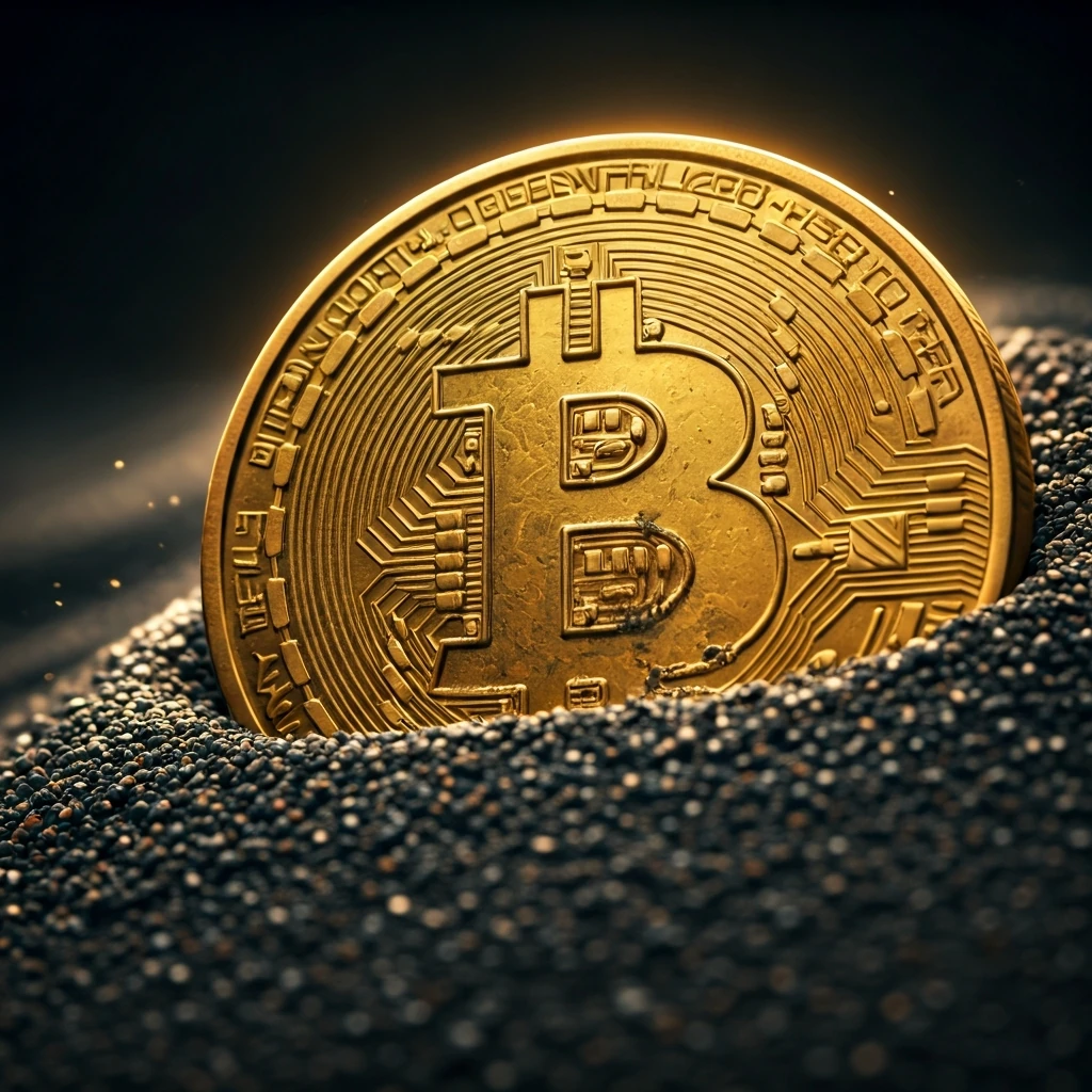A weathered gold coin, representing digital scarcity, partially buried in dark, fine sand under dramatic, high-contrast lighting.