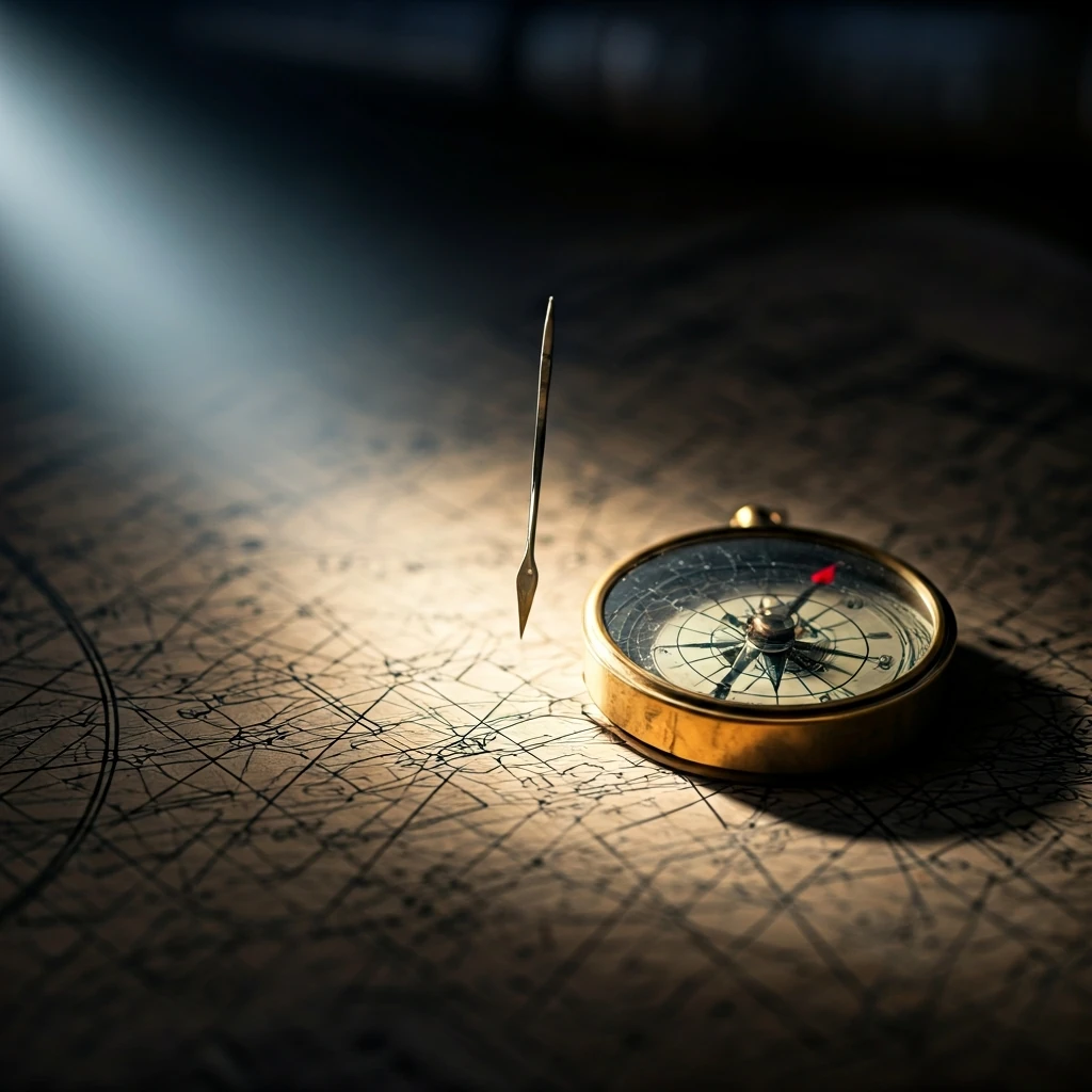 An antique brass compass needle wavers over a faded blueprint of a complex, interwoven digital network, illuminated by a harsh, focused light beam.
