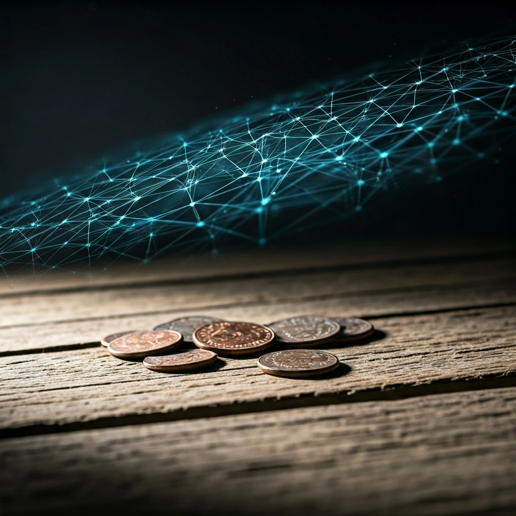 A close-up of old, tarnished copper pennies on a wooden table, with a glowing, out-of-focus blockchain network projected in the background.