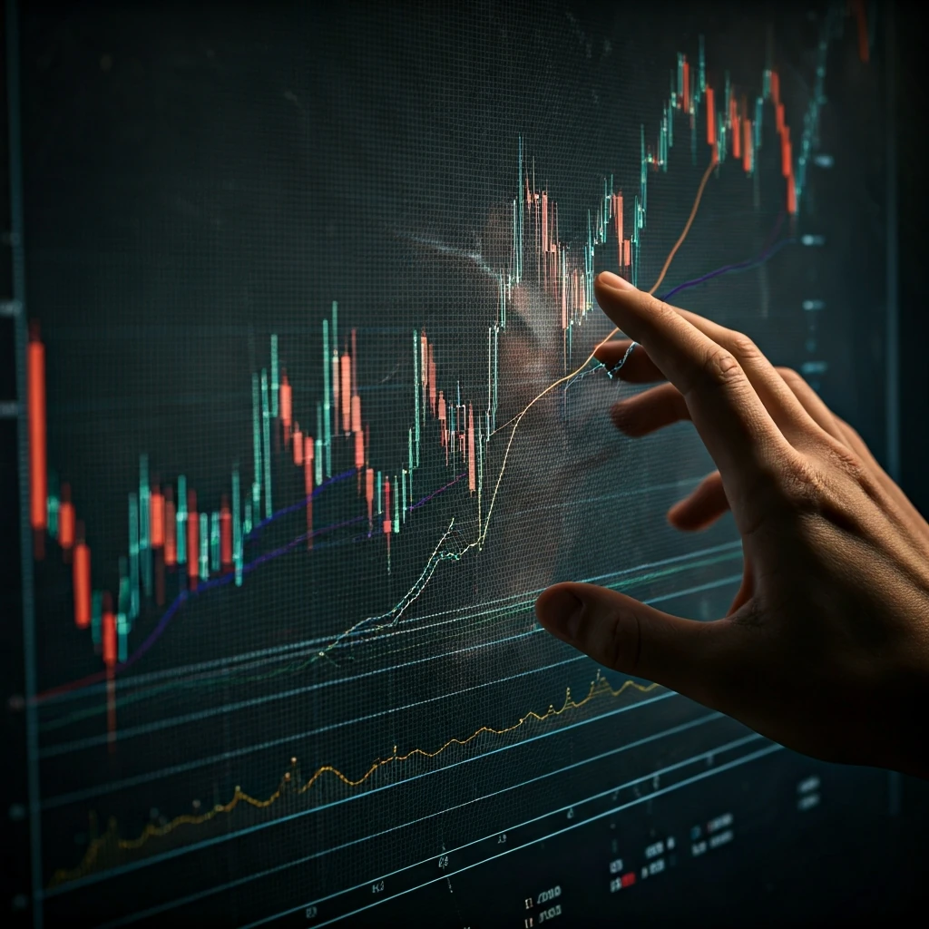 A cracked screen reflecting a frantic hand, displaying complex cryptocurrency charts and technical indicators, symbolizing the chaotic blend of analysis and human emotion in price prediction.