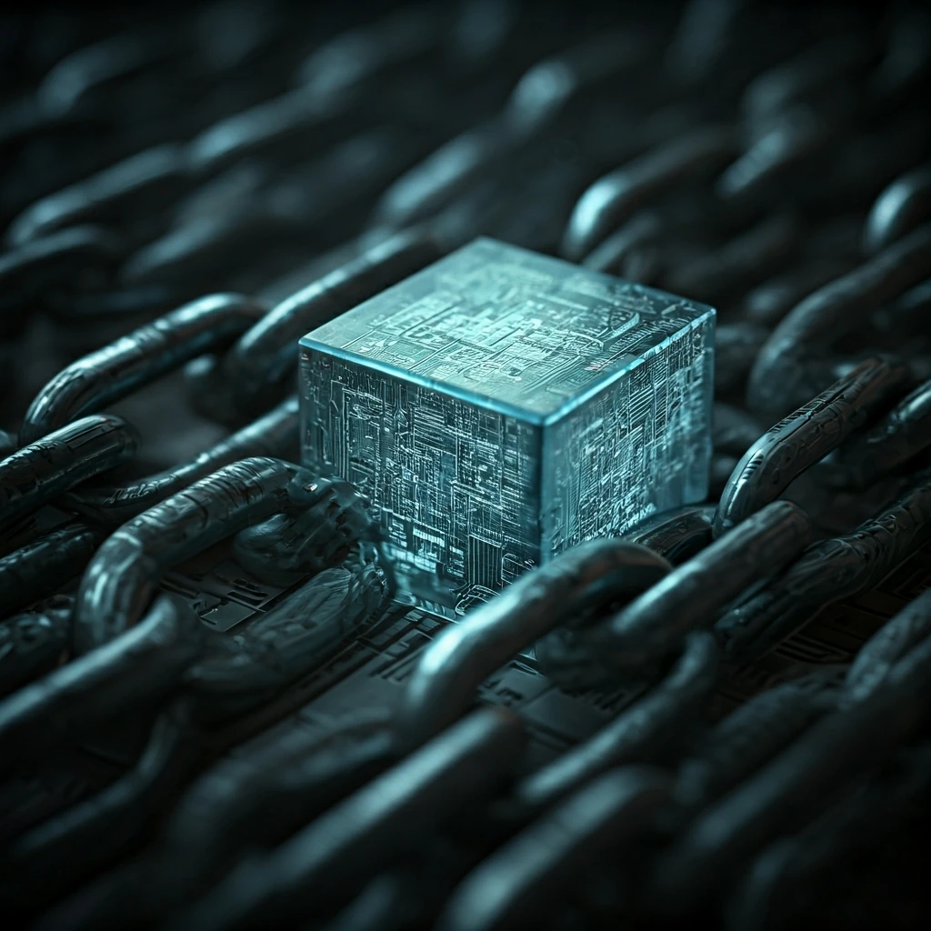 Extreme close-up of a glowing, intricate digital data block, representing decentralized blockchain technology.