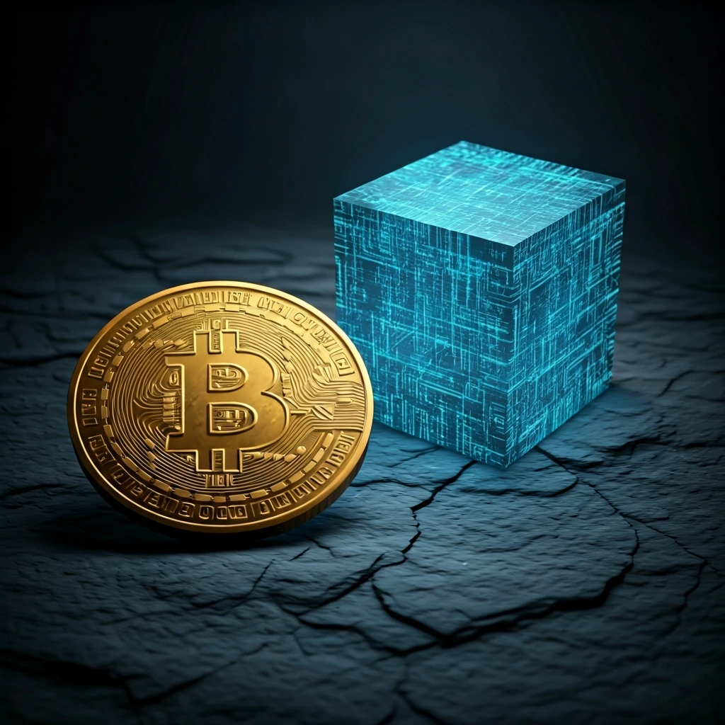 A weathered gold coin on dark stone contrasted with a glowing, translucent digital data cube displaying encrypted code, symbolizing the difference between traditional and digital assets.