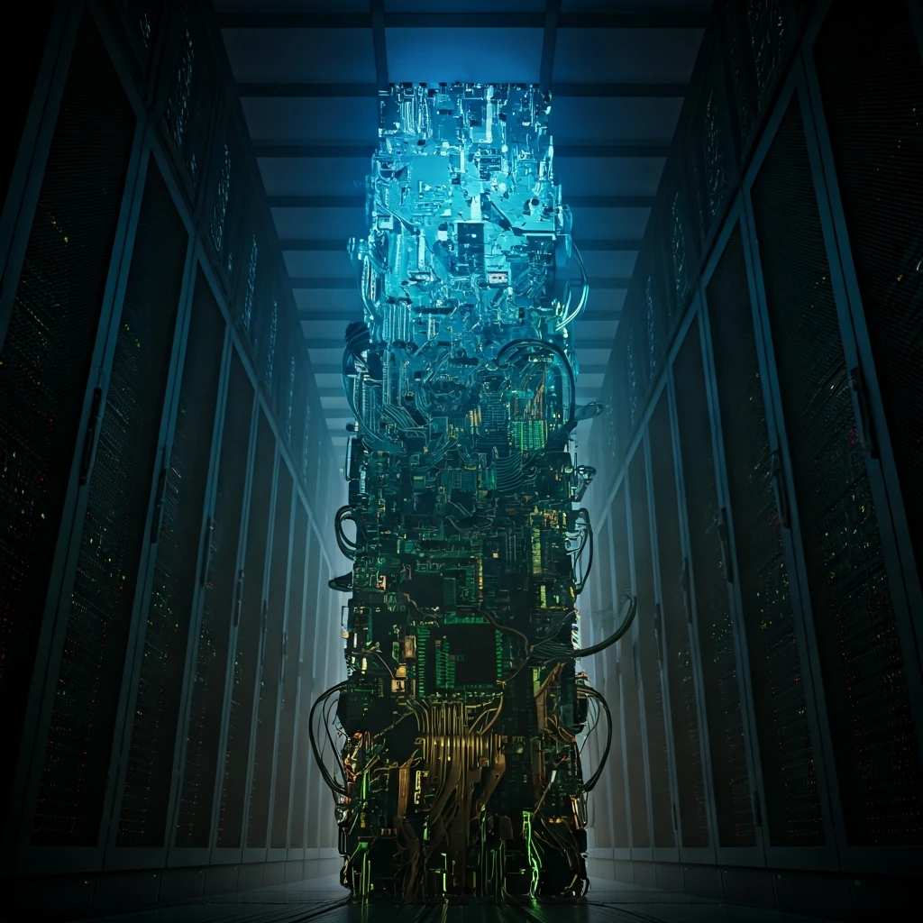 A glowing, complex digital sculpture of interconnected circuits and fiber optics, representing market capitalization, stands within a vast, dimly lit server farm.