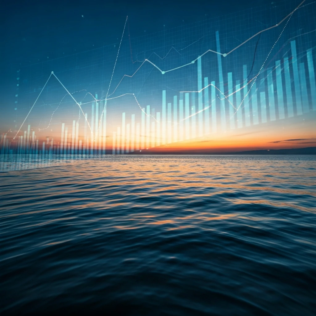A vast, calm ocean at twilight with ethereal, glowing data projections floating above the water, symbolizing navigation through complex crypto market analysis.