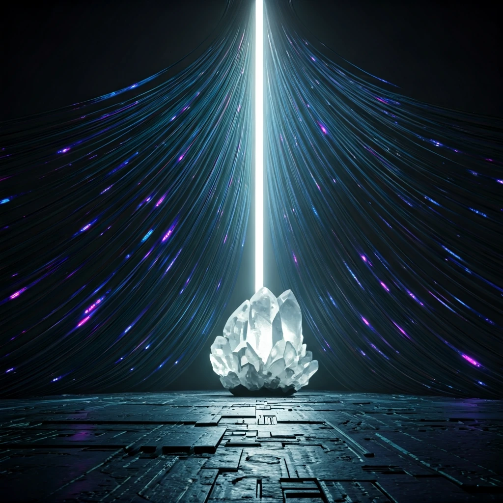 An intricate network of glowing data streams converging and ascending towards a large, illuminated crystal, symbolizing capital flow and rising valuations in a crypto bull market.