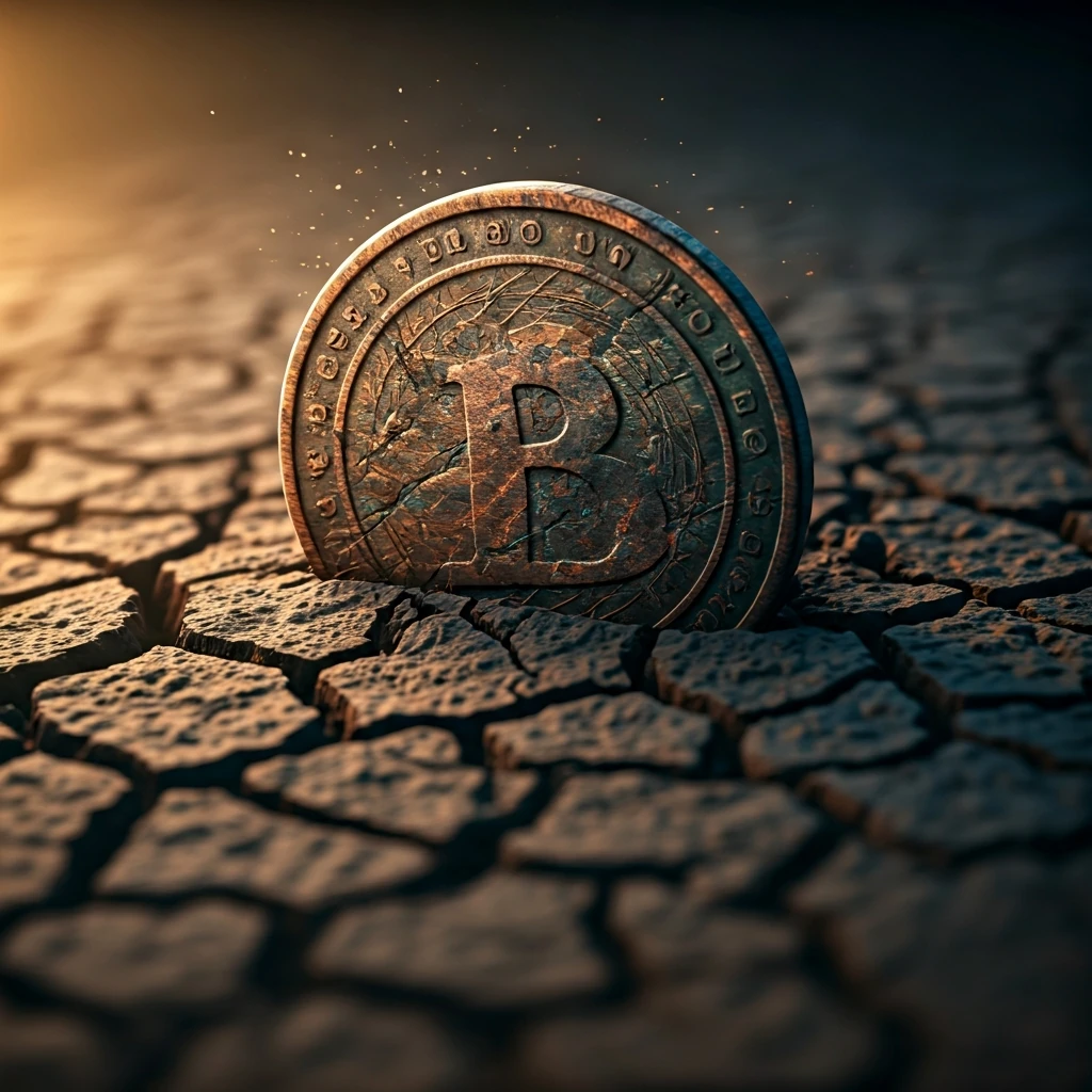 An extreme close-up of a tarnished, corroded copper coin half-buried in cracked, dry earth, symbolizing widespread fear and negative sentiment during a market downturn.