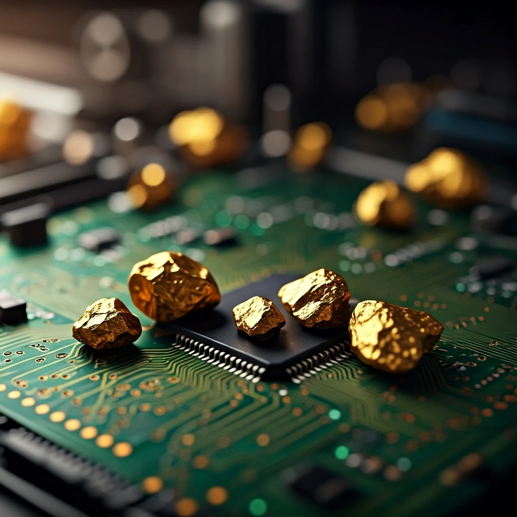 Close-up of a glowing circuit board with raw gold nuggets, symbolizing Bitcoin's code and resource scarcity.
