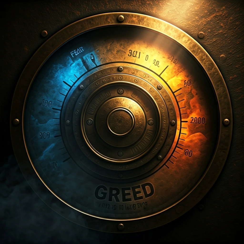 An intricate, old-world gauge with a central dial visually representing the crypto fear and greed index, oscillating between fear and greed zones.