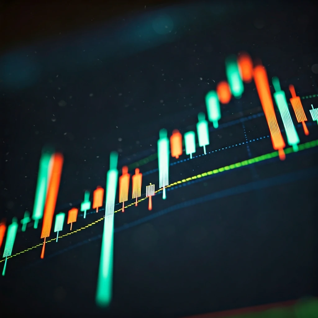 An extreme macro view of a digital screen displaying complex cryptocurrency candlestick charts with sharp focus on market data patterns.