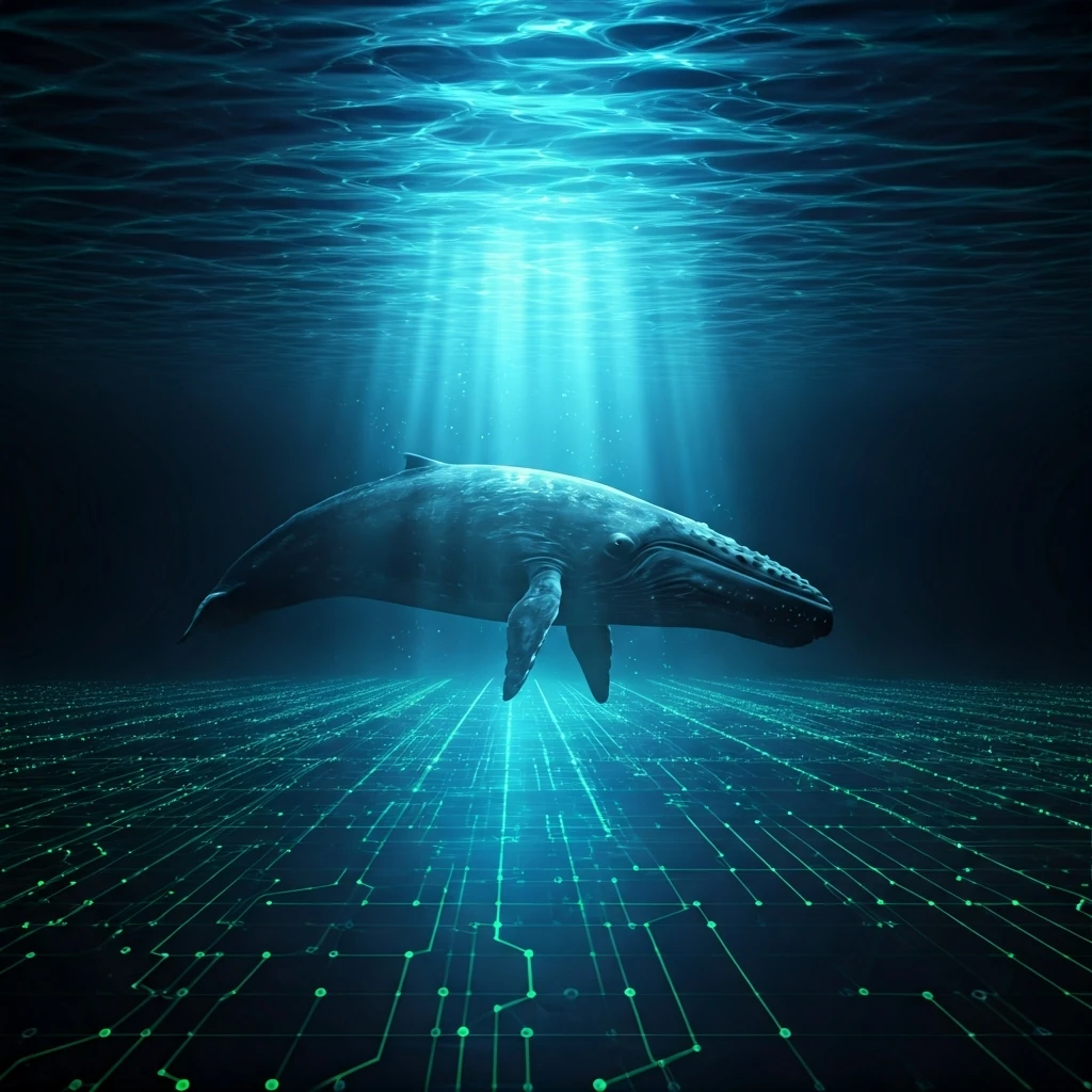 A massive, shadowy whale creating ripples in a glowing, interconnected digital liquidity pool, symbolizing market impact.