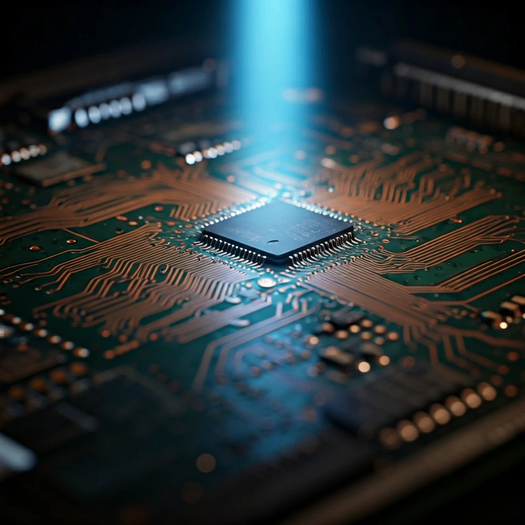 Extreme macro view of a glowing circuit board with intricate pathways, symbolizing the underlying code of smart contracts in decentralized finance.