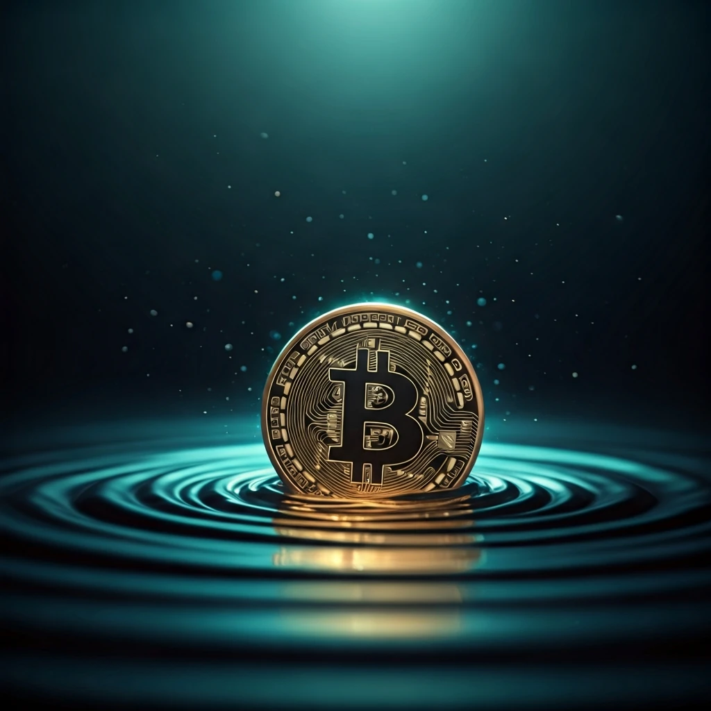 A stylized cryptocurrency token submerging into a glowing blue-green liquid, symbolizing digital assets entering a liquidity pool.