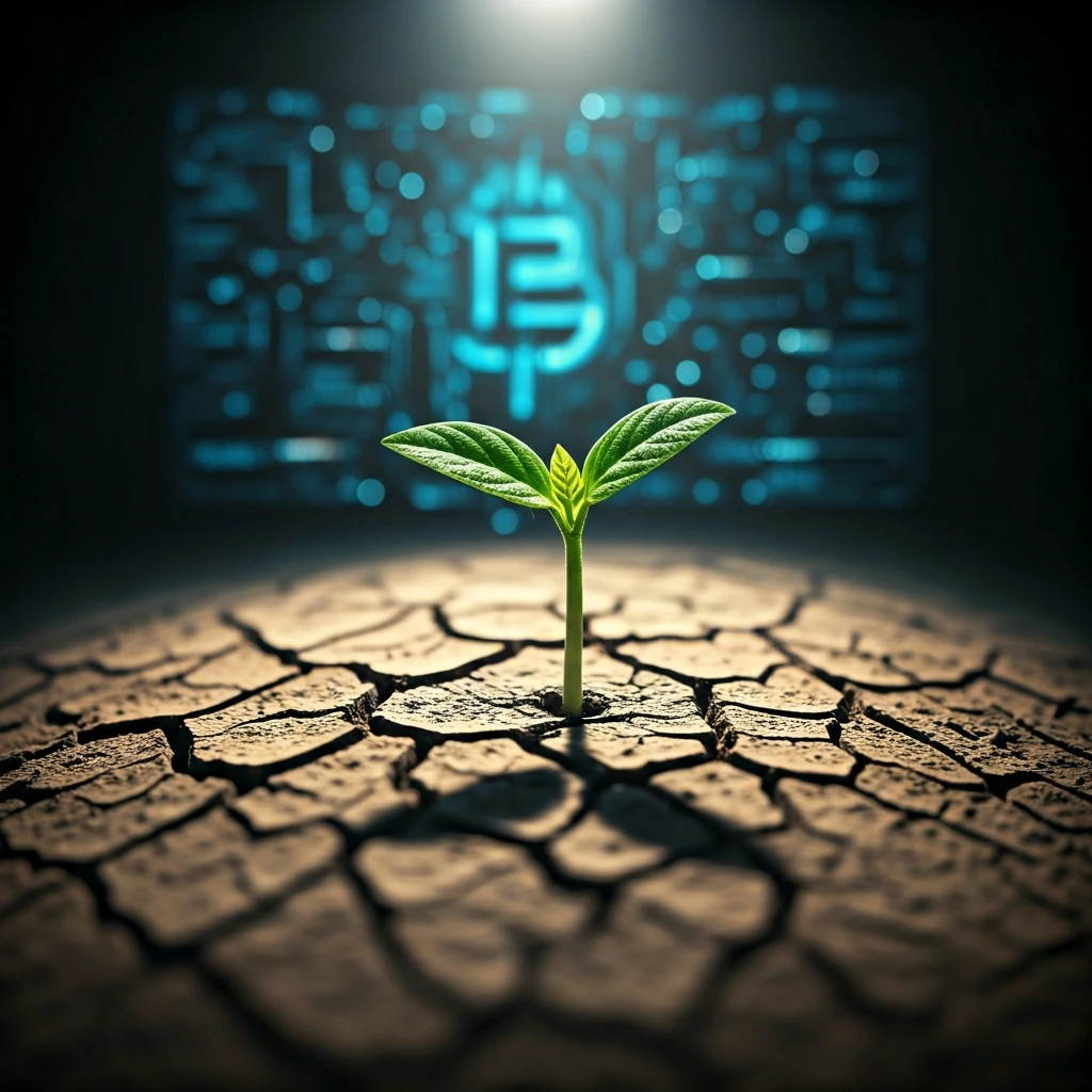 A vibrant green sprout breaking through cracked, dry earth under stark overhead light, with blurred holographic cryptocurrency symbols in the background.