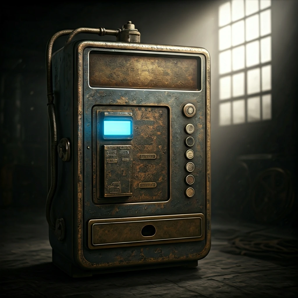 A vintage, heavy-duty vending machine with a glowing digital payment slot, symbolizing early smart contract concepts in a dim, industrial setting.