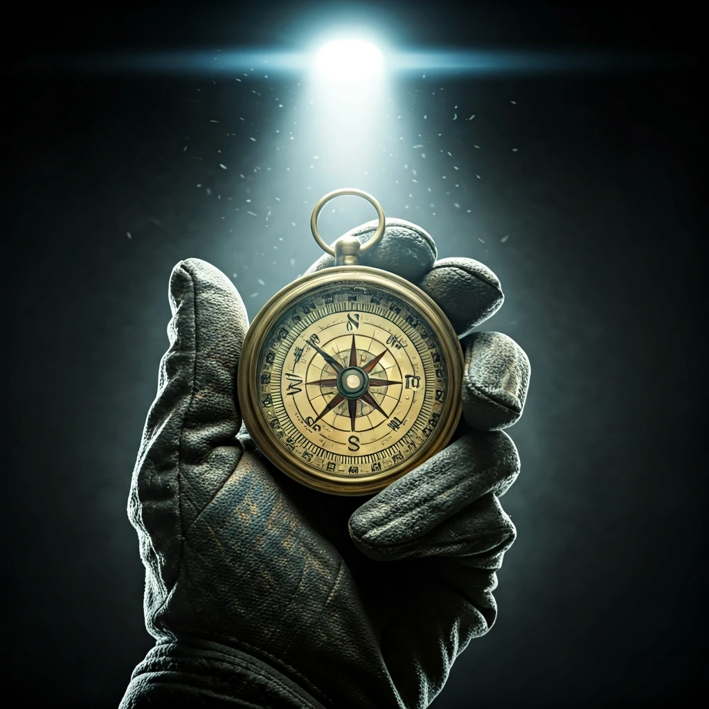 A weathered hand gripping a wildly spinning brass compass, its needle reflecting distorted digital data, against a dark, blurred background, symbolizing market volatility.