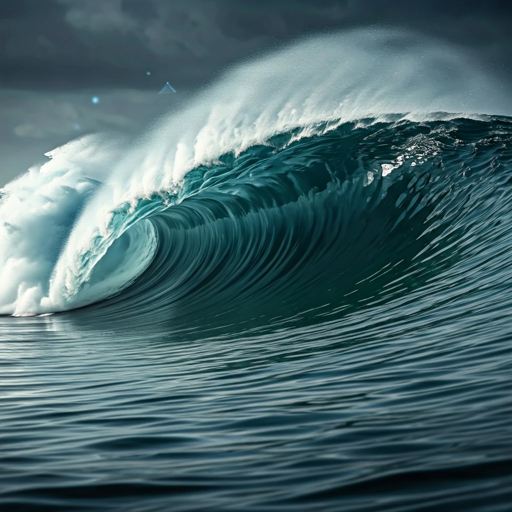 A raw, wide-angle shot of a colossal, turbulent ocean wave cresting, with subtle, glowing digital graph lines interwoven into its foam, depicting the dynamic and ever-shifting nature of Bitcoin's price.