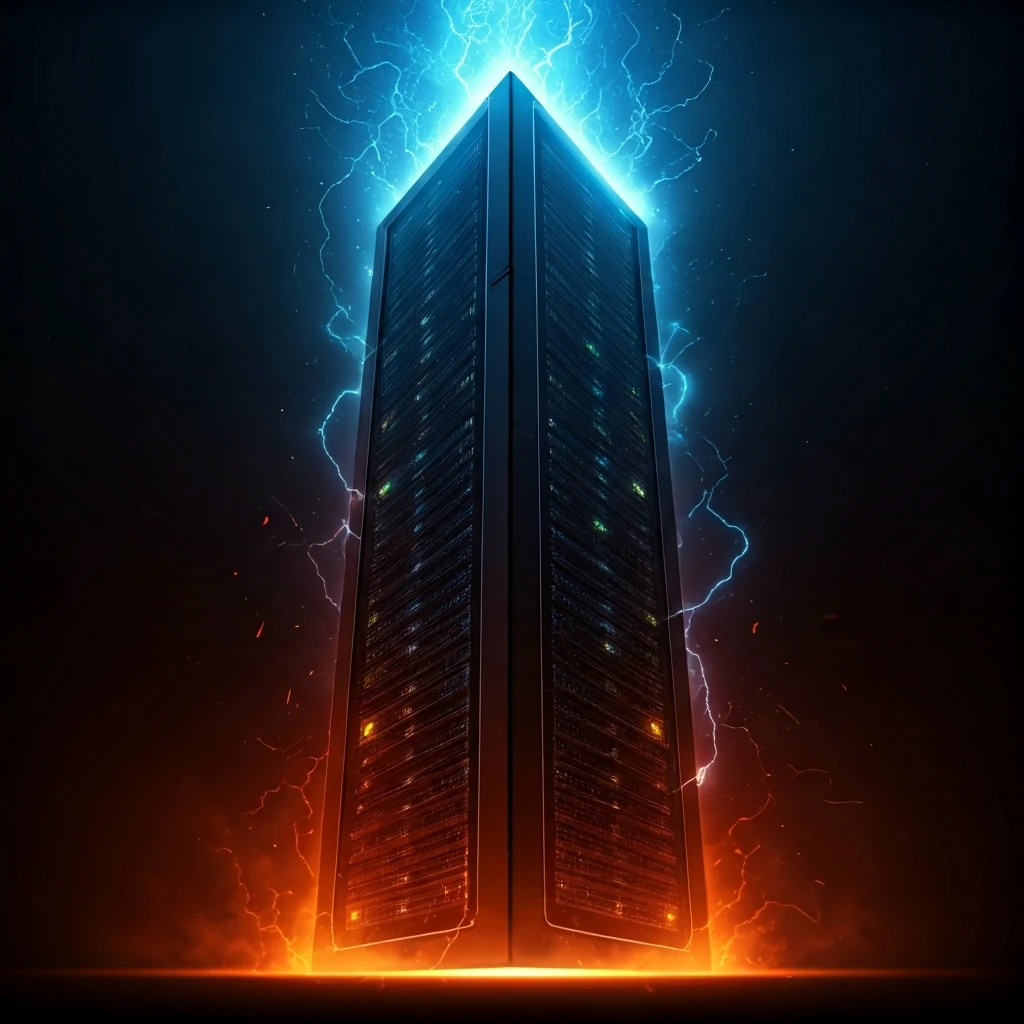 A dark, monolithic server array engulfed in a dramatic transition from red-orange energy to radiant blue light, symbolizing Ethereum's Proof-of-Work to Proof-of-Stake merge.