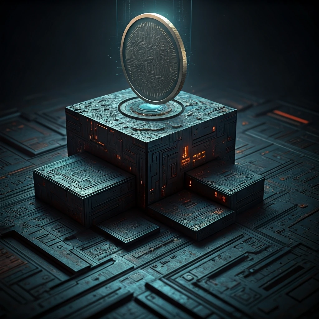 A towering, abstract digital sculpture with circuit board pathways and a glowing holographic coin, symbolizing crypto market capitalization and digital asset valuation.